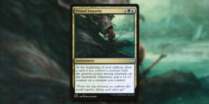 A depiction of the Magic card, Primal Empathy. A young druid with tied-back hair stands in front of a large cat-like beast. The human is cradling the big cat's face with their hands, their forehead connecting with that of the beast. Both are comforted by each other in the presence of some ruins in the background.