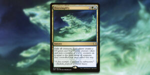A depiction of the Magic card, Oversimplify. A rushing wave of energy flows from right to left, forming into the shape of running wolf.