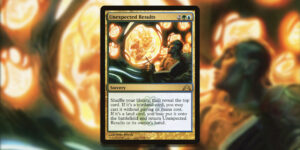 A depiction of the Magic card, Unexpected Results. A scientist looks up at a warm, glowing egg sac, which contains the fetus of a humanoid creature