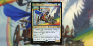 A depiction of the Magic card, Inga and Esika. Two humanoid women fly through the air in a chariot pulled by two housecats. They're beside a long, spiny Phyrexian feature, as rainbows course underneath them.