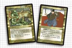Nicol Bolas and Tetsuo Umezawa, from the set Legends, the original appearance of the two characters that inspired today’s deck.