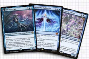 A depiction of the Magic cards: Jin-Gitaxias, One with the Multiverse, and Octavia, Living Thesis.