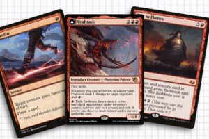 A depiction of the Magic cards: Expedite, Urabrask, and Past in Flames.