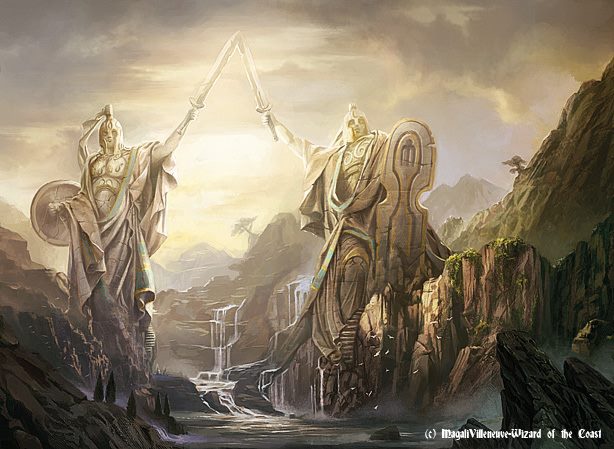 Two gigantic stone statues of men standing over a waterfall, swords raised to the sky, representing Kynaios and Tiro. Art from Guardians of Meletis by Magali Villeneuve