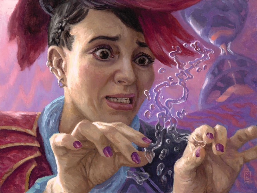 A young woman with a look of panic is trying to levitate a small amount of water. Card art from Pop Quiz by Matthew Stewart.