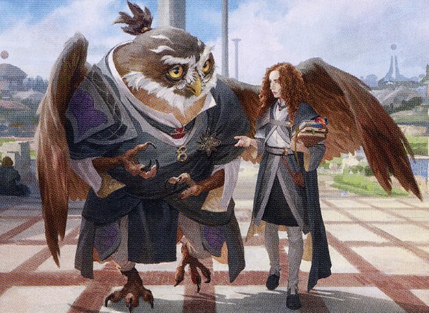 A friendly owl-like creature shelters a young human woman with her wing as the human asks a question on the campus of Strixhaven. Card art from Mavinda, Students’ Advocate by Wesley Burt.