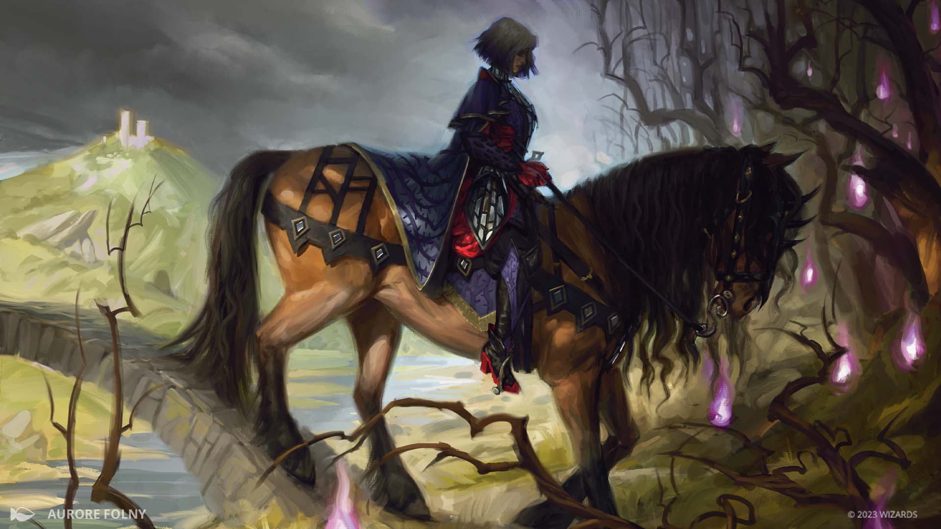 Rowan, a blonde-haired young woman in red and black, rides a horse out of the green countryside into a dark forest, surrounded by eerie purple lights. From the card Rowan’s Grim Search by Aurore Folny.
