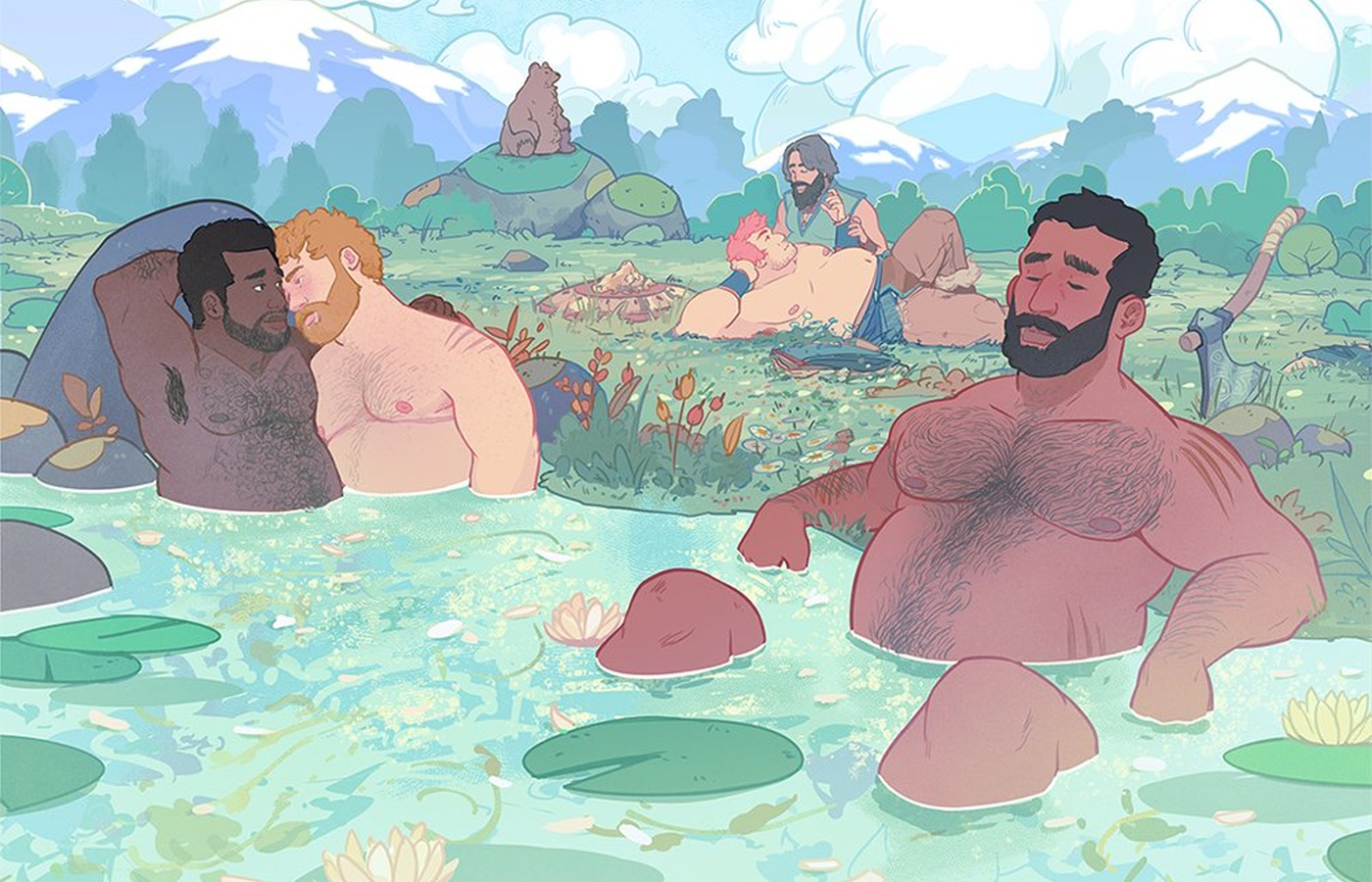 Big men lounge in a natural hot spring, some of them cuddling. Art from Bearscape by Ricardo Bessa