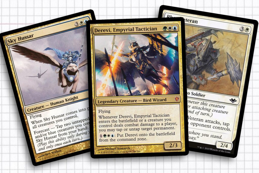 Sky Hussar, Derevi, Empyrial Tactician, and Rhox Veteran - marquee cards of the established deck.