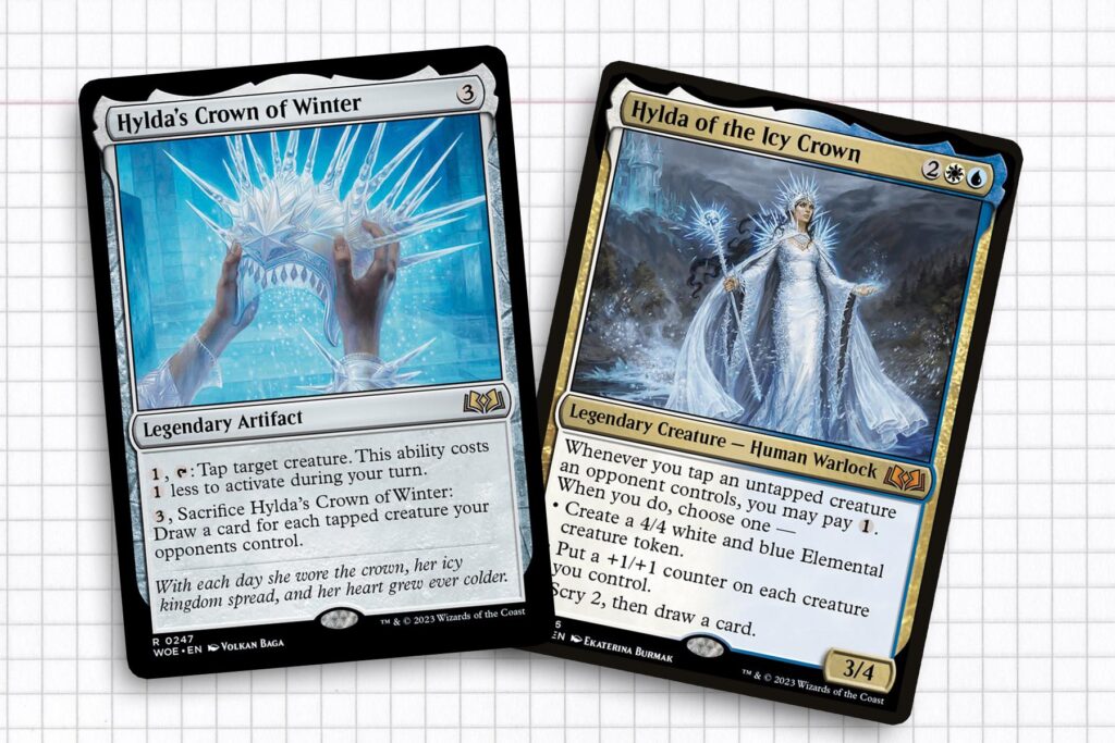 Wilds of Eldraine cards, Hylda’s Crown of Winter and Hylda of the Icy Crown.
