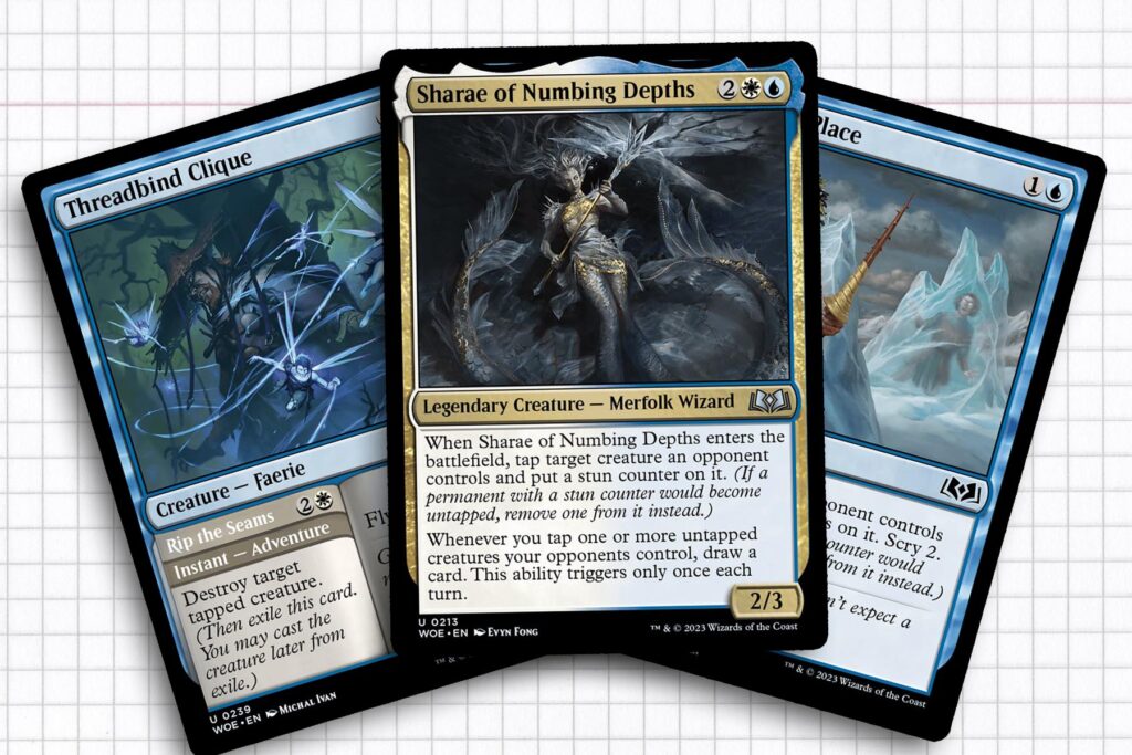 Wilds of Eldraine cards, Threadbind Clique, Sharae of Numbing Depths and Freeze in Place.