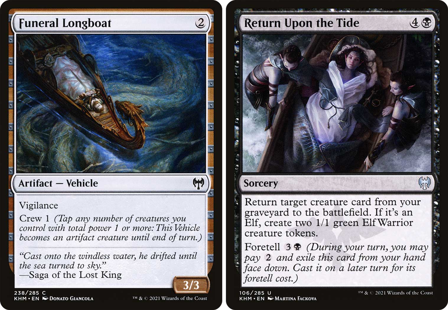 Card images: Funeral Longboat and Return Upon the Tide from Kaldheim.