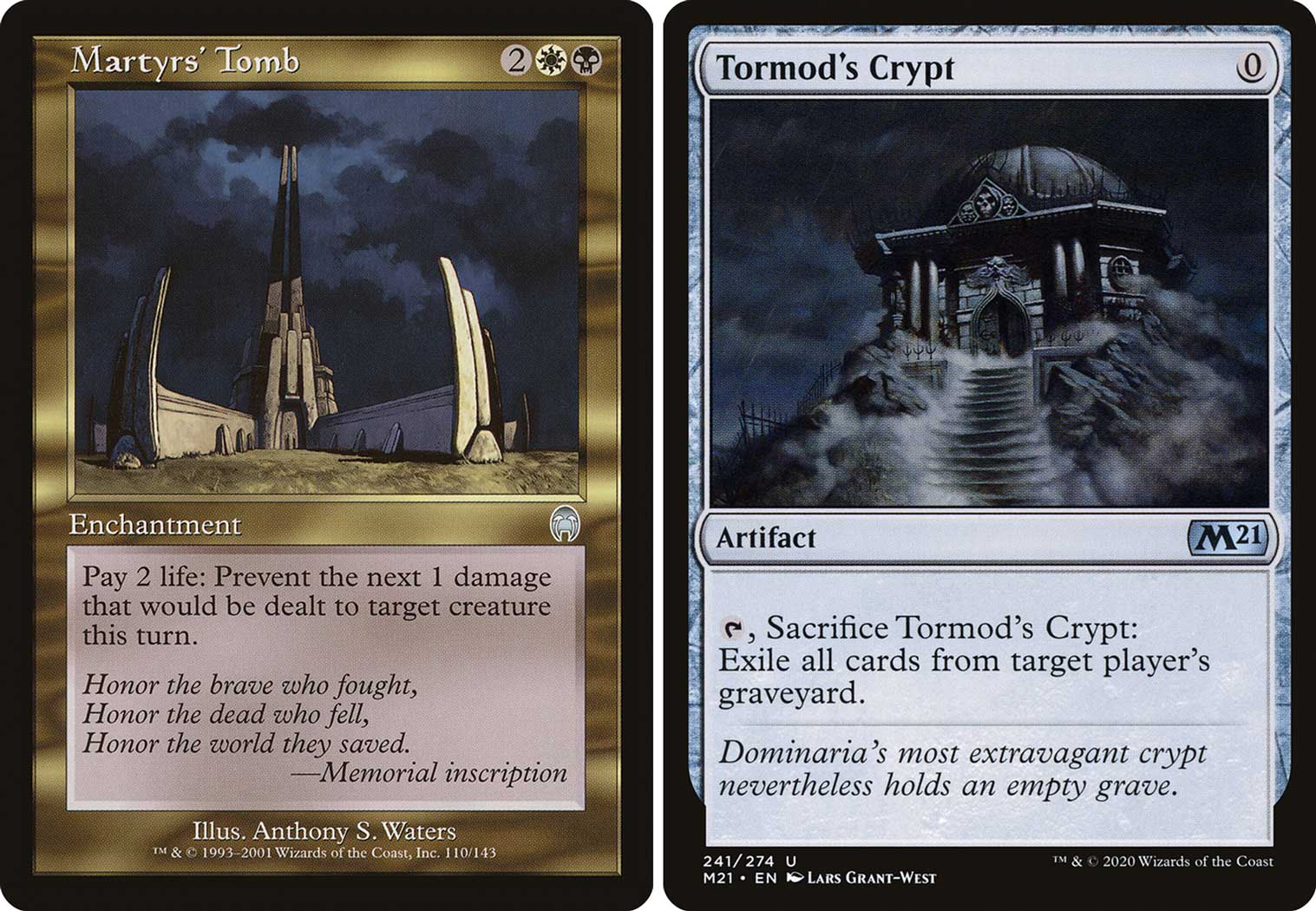 [CARD IMAGES: Martyrs' Tomb (Apocalypse); Tormod's Crypt (Core Set 2021)]