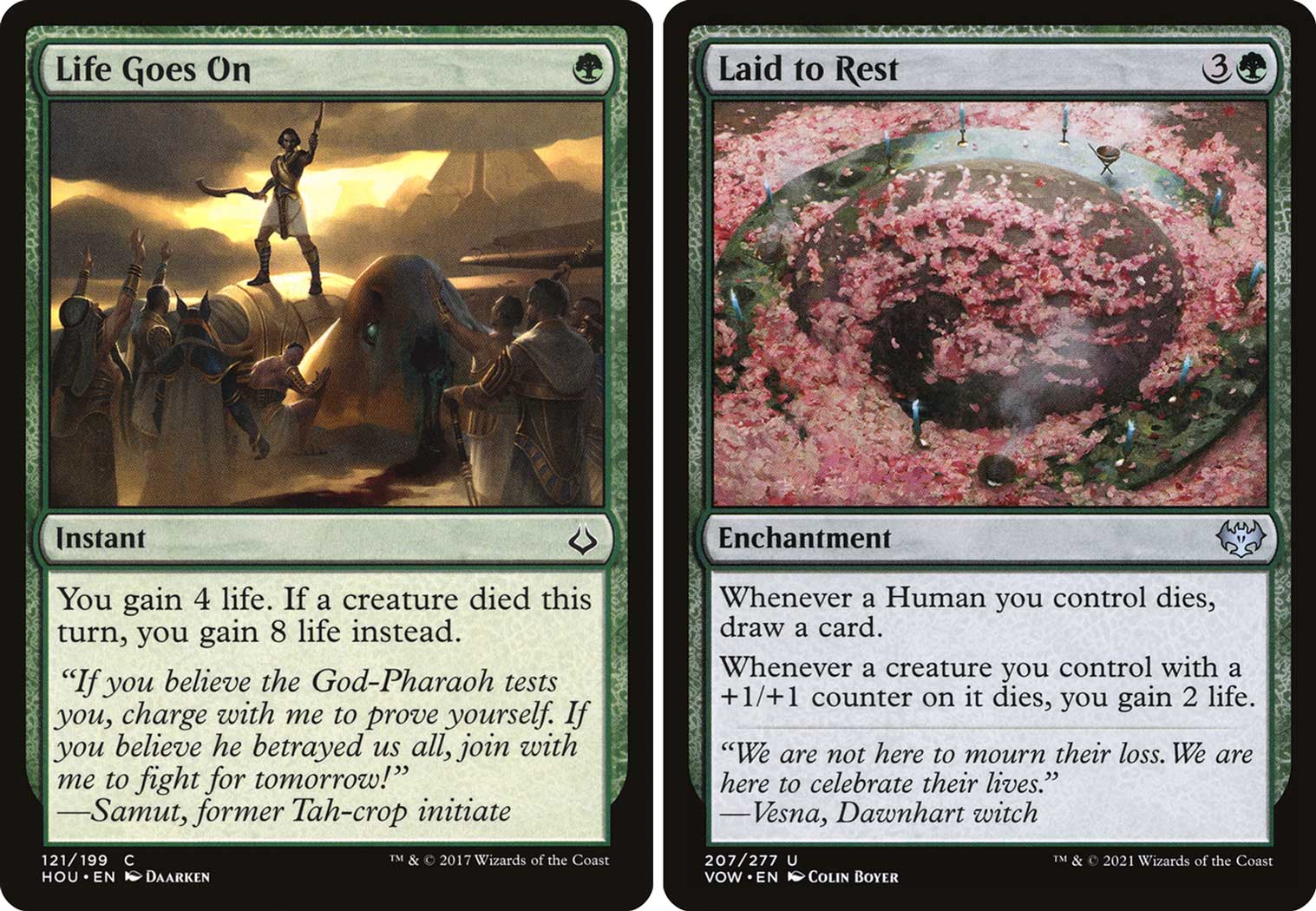 CARD IMAGES: Life Goes On (Hour of Devastation); Laid to Rest (Innistrad: Crimson Vow)