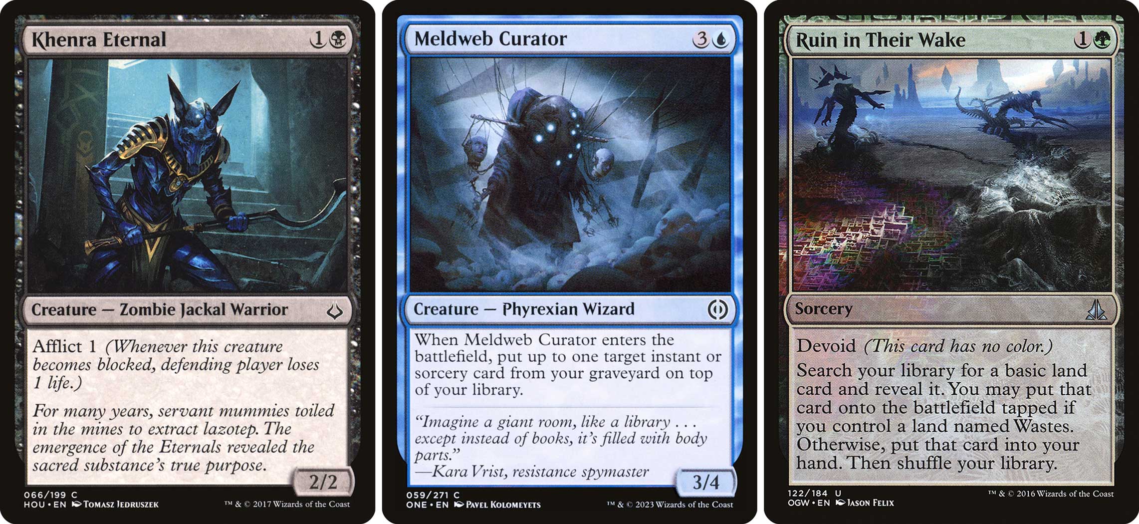 CARD IMAGES: Khenra Eternal (Hour of Devastation); Meldweb Curator (Phyrexia: All Will Be One); Ruin in Their Wake (Oath of the Gatewatch)
