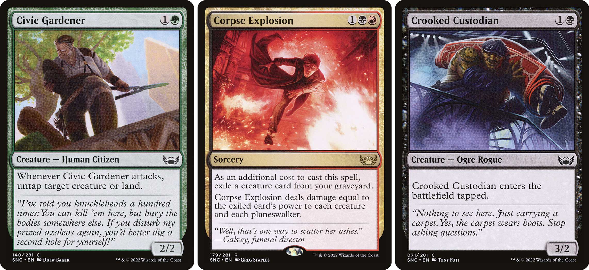 CARD IMAGES (all Streets of New Capenna regular versions): Civic Gardener; Corpse Explosion; Crooked Custodian