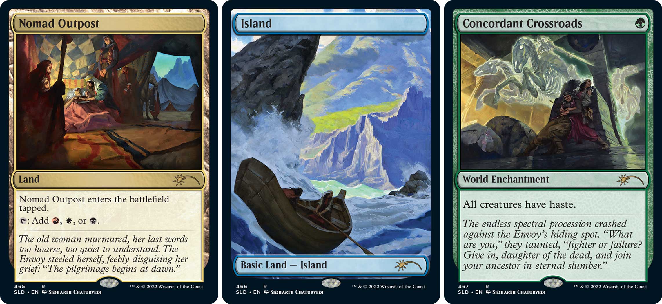 CARD IMAGES (all Chaturvedi Secret Lair): Nomad Outpost; Island; Concordant Crossroads