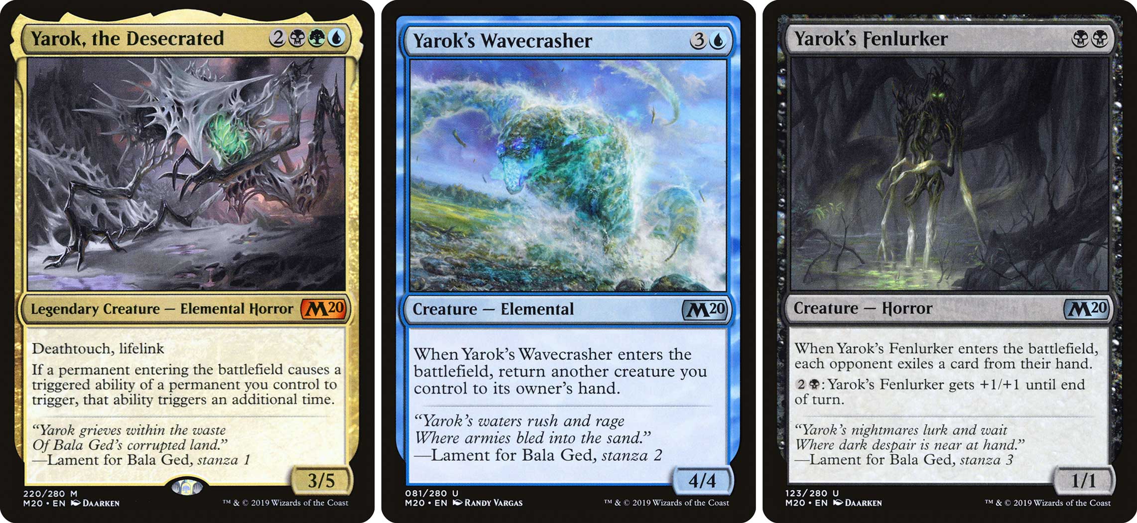 CARD IMAGES (all Core Set 2020): Yarok, the Desecrated; Yarok's Wavecrasher;