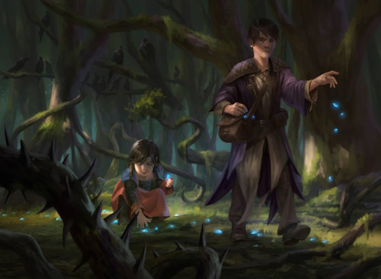 Two children in a dark wood dropping a trail of crumbs behind them. Art from Trail of Crumbs by Daarken