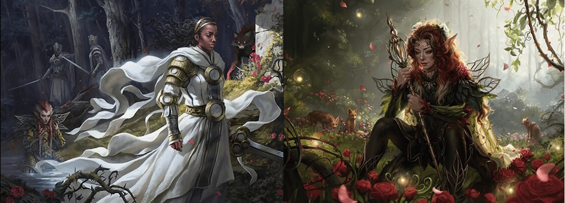 Syr Armont, a dark-skinned lady knight in white and gold, walks calmly down a path in a dark forest. Other knights peer after her from the forest, as does a lurking werefox. An elf is on their knees behind her, clearly emotionally distressed. Art from Syr Armont, the Redeemer by Magali Villeneuve. Yenna, a Redtooth elf with fair skin, curly red hair with a touch of white at her temples, and elaborate regalia, crouches in a lush clearing, watched by small foxes. She carries a golden scepter, which she studies gravely. Art from Yenna, Redtooth Regent, by Justyna Dura.