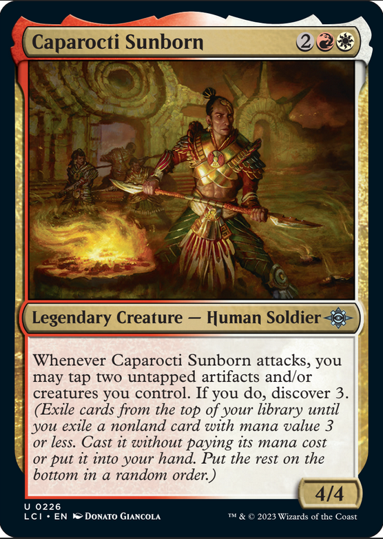 Caparocti Sunborn, with art by Donato Giancola. The rules text reads “Whenever Caparocti Sunborn attacks, you may tap two untapped artifacts and/or creatures you control. If you do, discover 3.