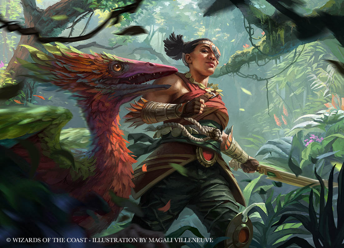 Wayta, a brown-skinned young woman with shoulder length dark hair, stands in the jungle next to a colorful feathered dinosaur, smiling wryly.