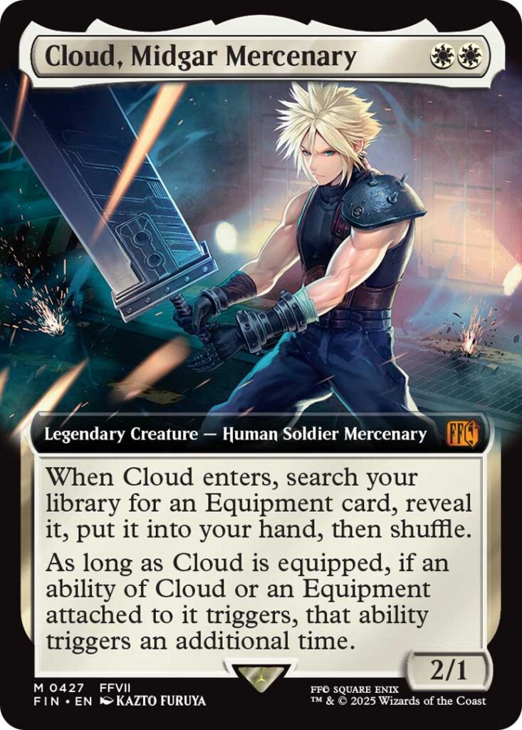 A Magic the Gathering card titled Cloud, Midgar Mercenary. This is the extended art version of the card. It is a white card with a casting cost of two white mana. It's type line is Legendary Creature - Human Soldier Mercenary. It has a mythic rare expansion symbol. The artwork shows Cloud Strife from Final Fantasy 7 wielding the Buster Sword.