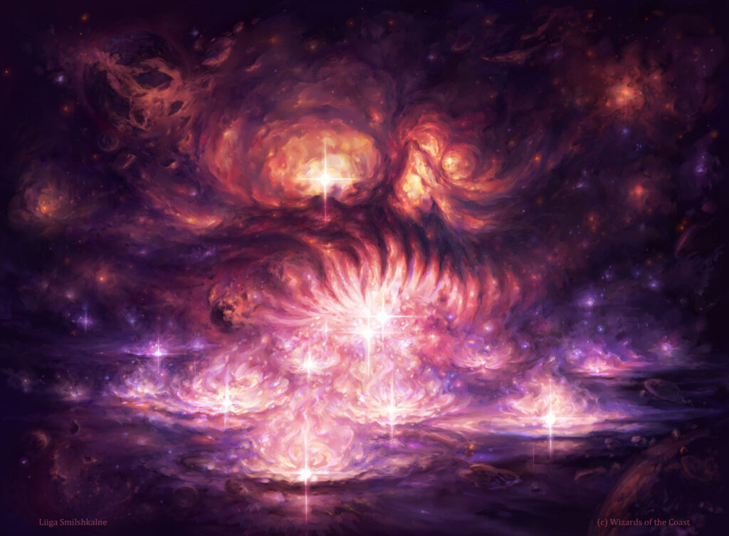 Art by Liiga Smilshkalne shows, in the artist’s words: “stars gone nova drifting towards oblivion like a bunch of waterlilies of explosive death.”