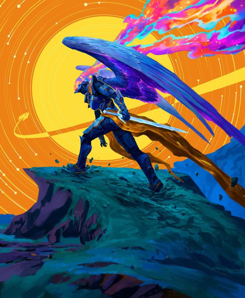 Art by Benjamin Ee showing an Astelli, an angel made out of stardust, bedecked in blue armor and facing an abstract golden background.
