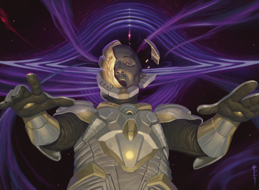 Art by Ovidio Cartagena shows a Solar Knight’s helmet being split apart by the force of a black hole, his horrified gaze settling on the viewer