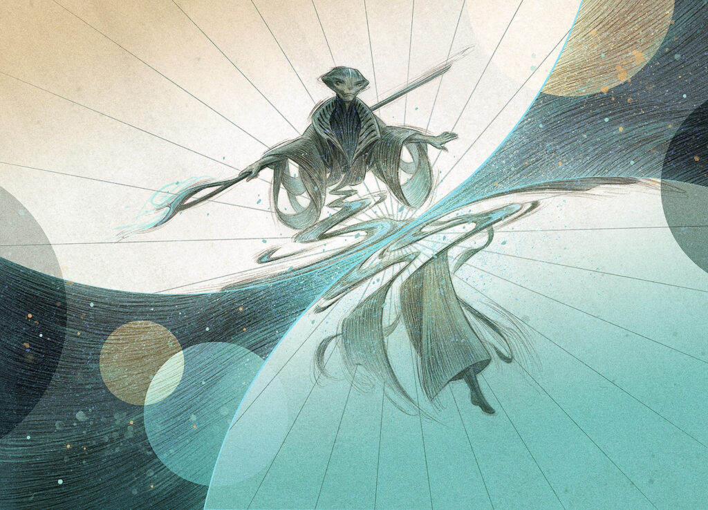 Art by Rovina Cai shows a mysterious alien Drix traveling across dimension