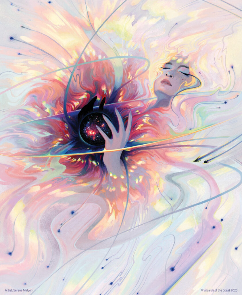 Art by Serena Malyon shows, in the artist’s words: “In a cosmic void, a woman lies holding a dark orb. The orb is heavy, its gravity drawing all of the light and heat from the universe around her. Stars, drained of their energy, stain the greying canvas of space.”