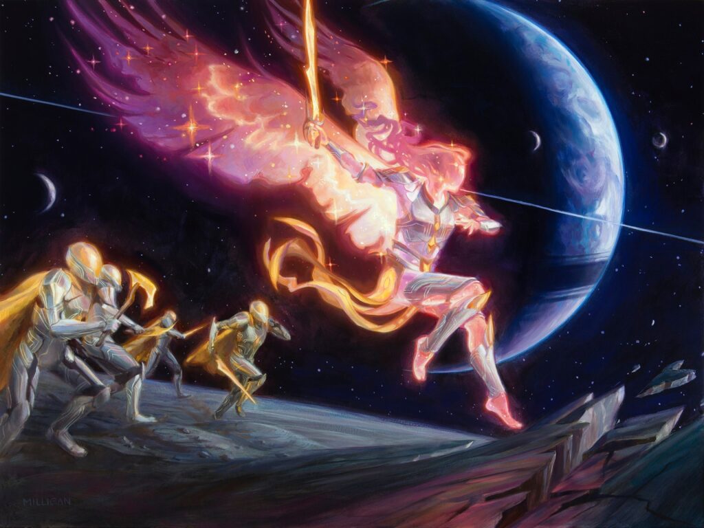 An angel with glowing pink wings descends from middair, while a group of soldiers charges behind. A planet looms in the distance.