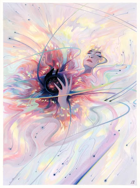 A dark globe of is held in the hands of a humanoid female form, who is laying down in a swirling eddy of color.