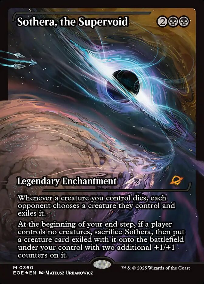 The Magic: The Gathering card Sothera the Supervoid. A void surrounded by glowing energy stands behind a gaseous planet.