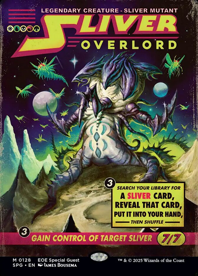 A 1960's pulp movie poster of a Sliver Overlord, an insectile creature towering over an alien landscape.