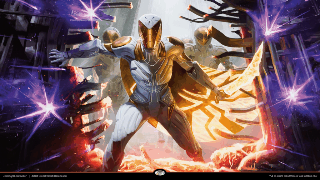 A white and gold clad knight breaks apart a writhing side of spacecraft.