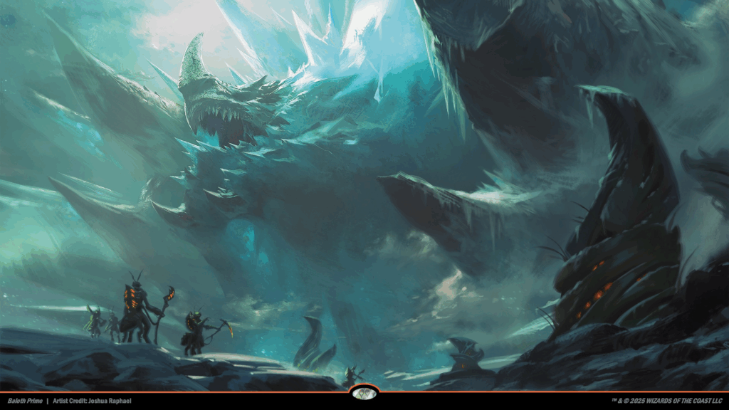 Insectoid creatures walk below a towering beast that's coming out of rock features