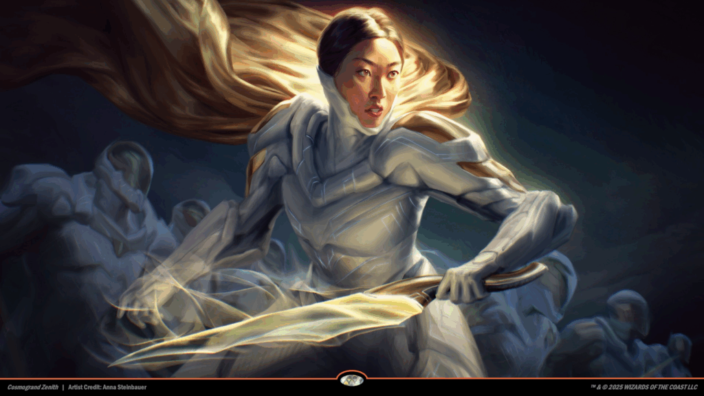 A woman clad in white armor holds a glowing gold sword while shadowed soldiers run bedind them.