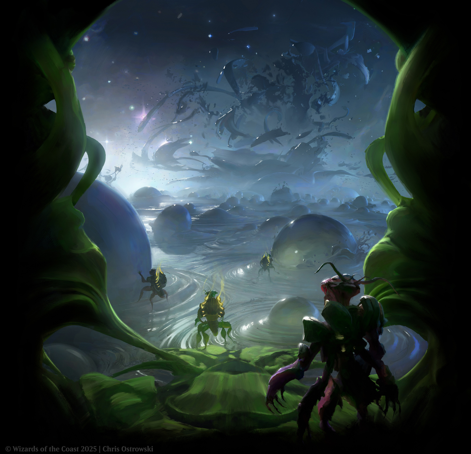 art by Chris Ostrowski shows a Eumidian stepping out of a ship and onto a planet filled with ichorous liquid