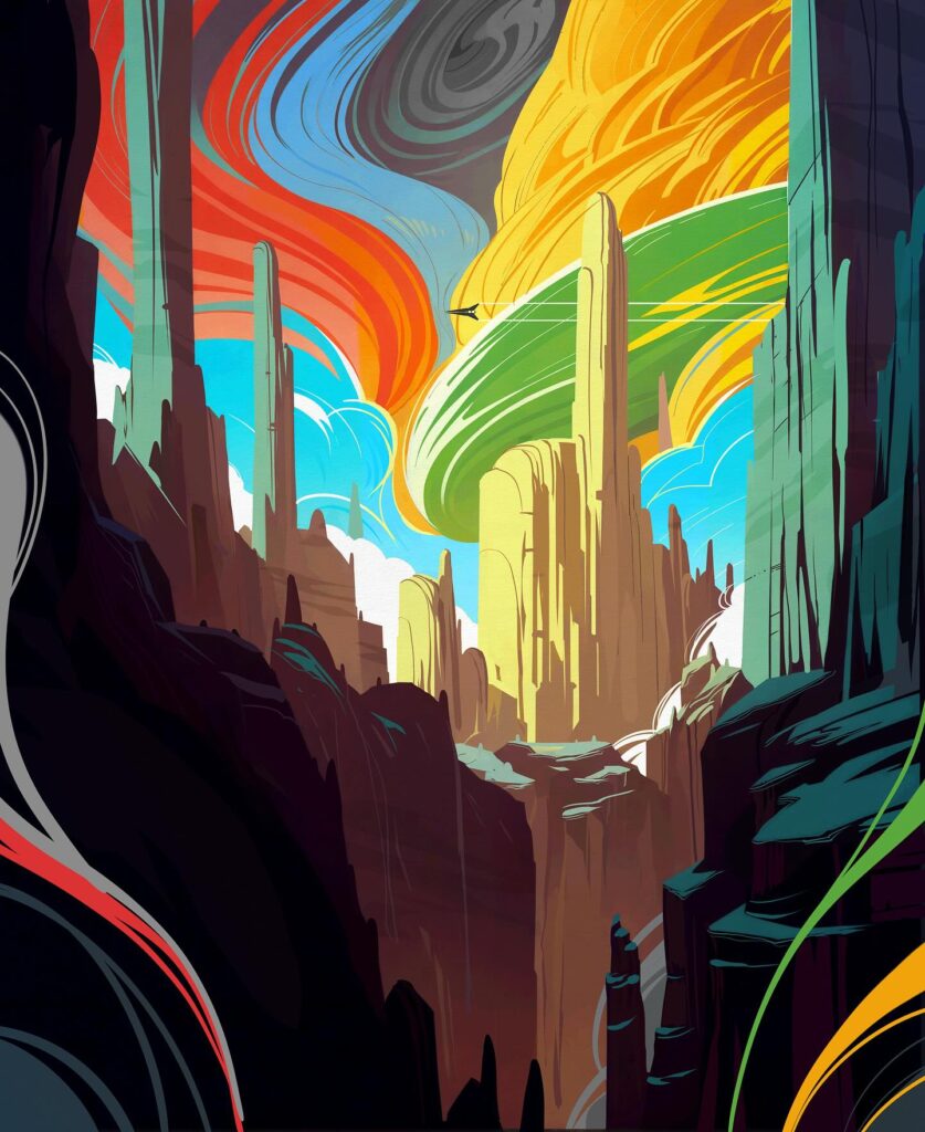 an illustration by Matteo Bassini shows an arid landscape, full of mesas, with a hurricane cloud of multicolored mana blazing overhead