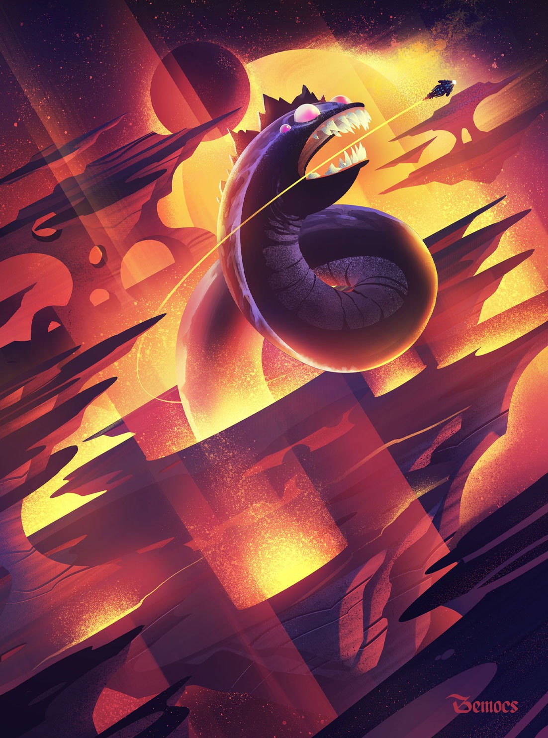 in art by BEMOCS, a ship dodges a massive, cartoony space serpent in a red-lit deep spacescape