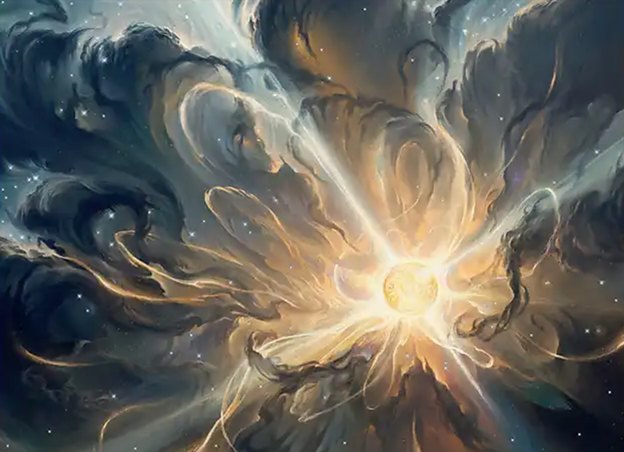In art by Sergey Glushakov, a white nova bursts apart a nebula choked with stardust.