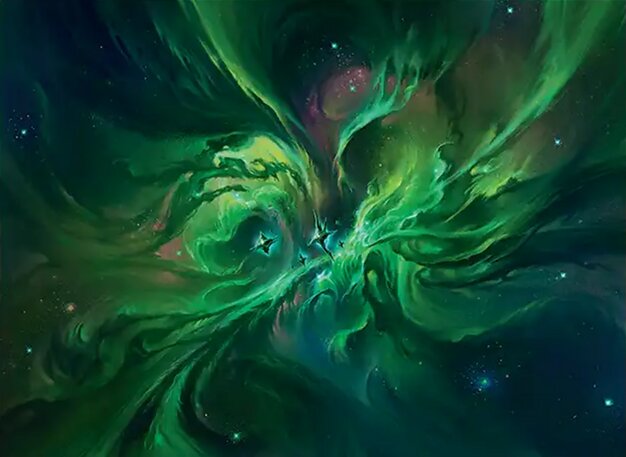 In Sergey Glushakov’s “Forest,” two tiny ships soar through a massive emerald-green nebula