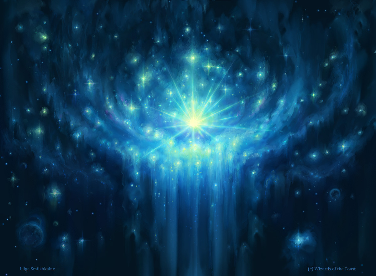 Art by Liiga Smilshkalne shows, in the artist’s words, “A magical blue area in space, basked with the light of newborn stars. The light cascades downwards similar to a waterfall, and the space above it is shaped after a droplet of water. The scene is dominated by one large, particularly radiant star.”