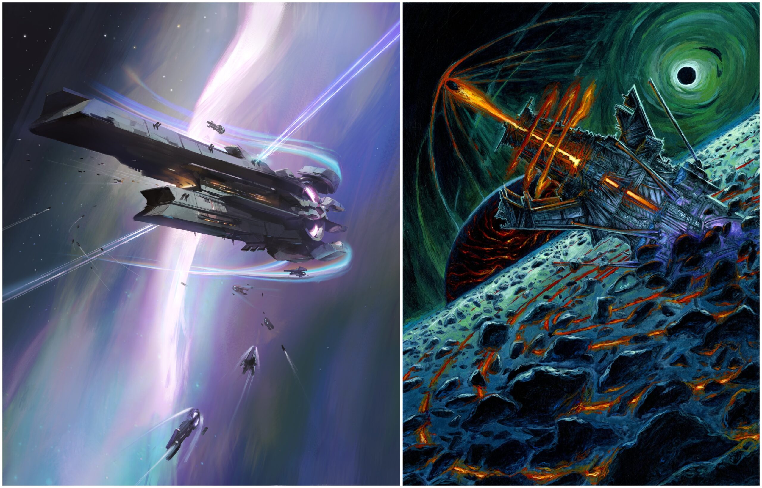 Two different spaceships paintings placed next to each other. On the left, a grey angular craft floats above a misty, purple planet. Smaller ships are closing in around it, presumably to dock.On the right, a spiny spaceship breaches through an asteroid field, with the silhouettes of planets behind in the distance.