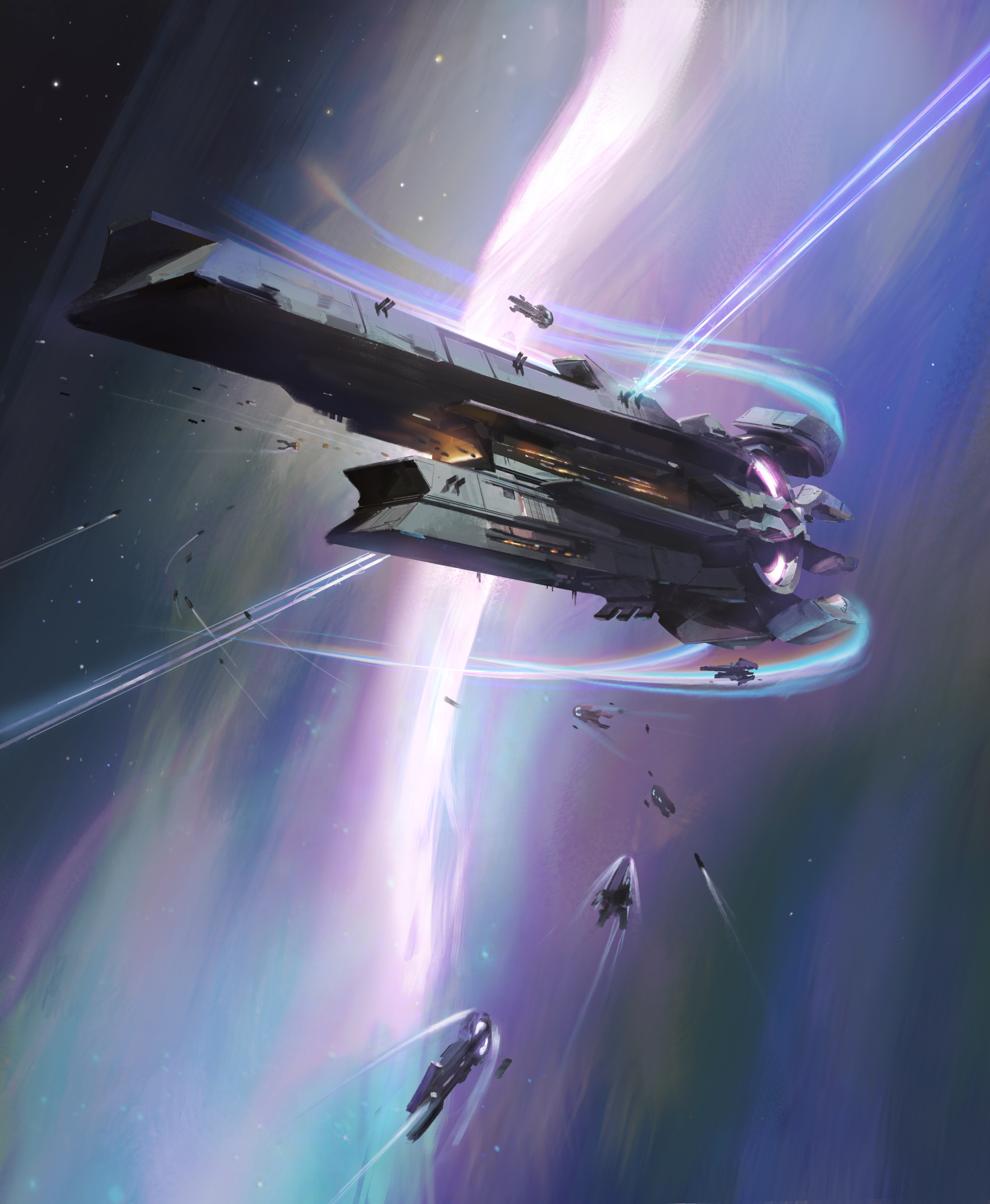 An angular spaceship rises out of a gassy purple atmosphere, with several smaller ships making their way towards the larger mass.
