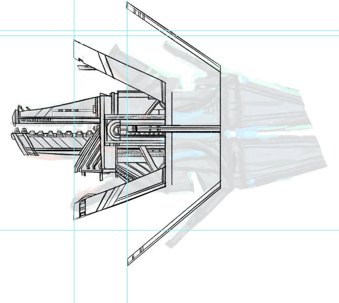A concept drawing of a spaceship design, featuring guide lines which measure its proportions and overall movement.