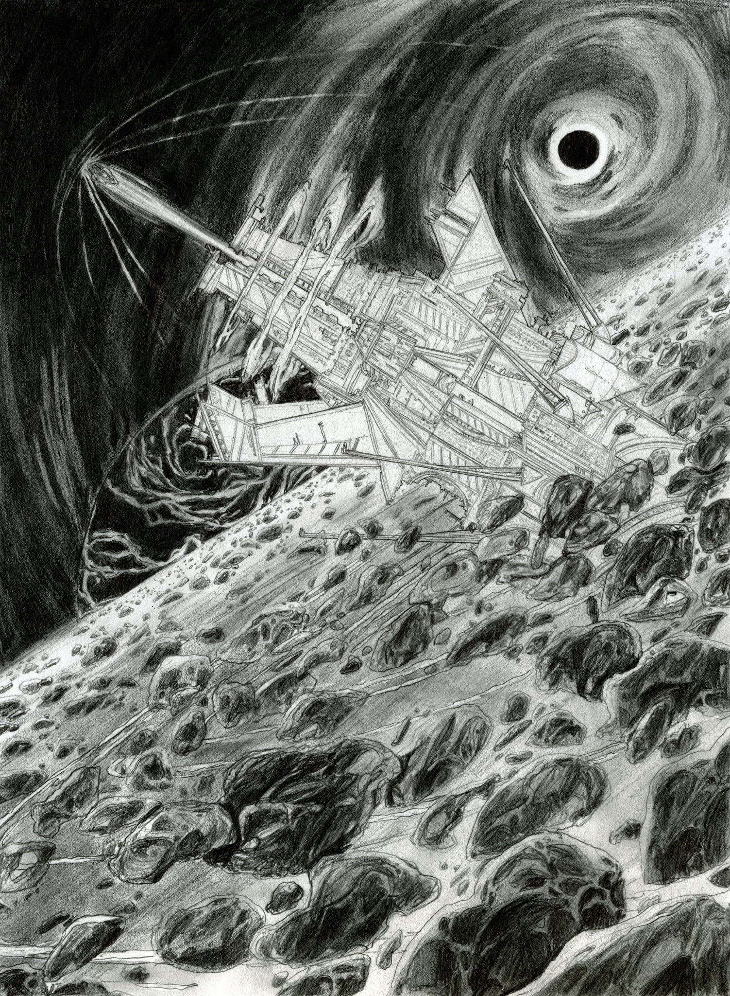 A graphite sketch of a spaceship breaching out of a belt of asteroids, with two planets behind it.