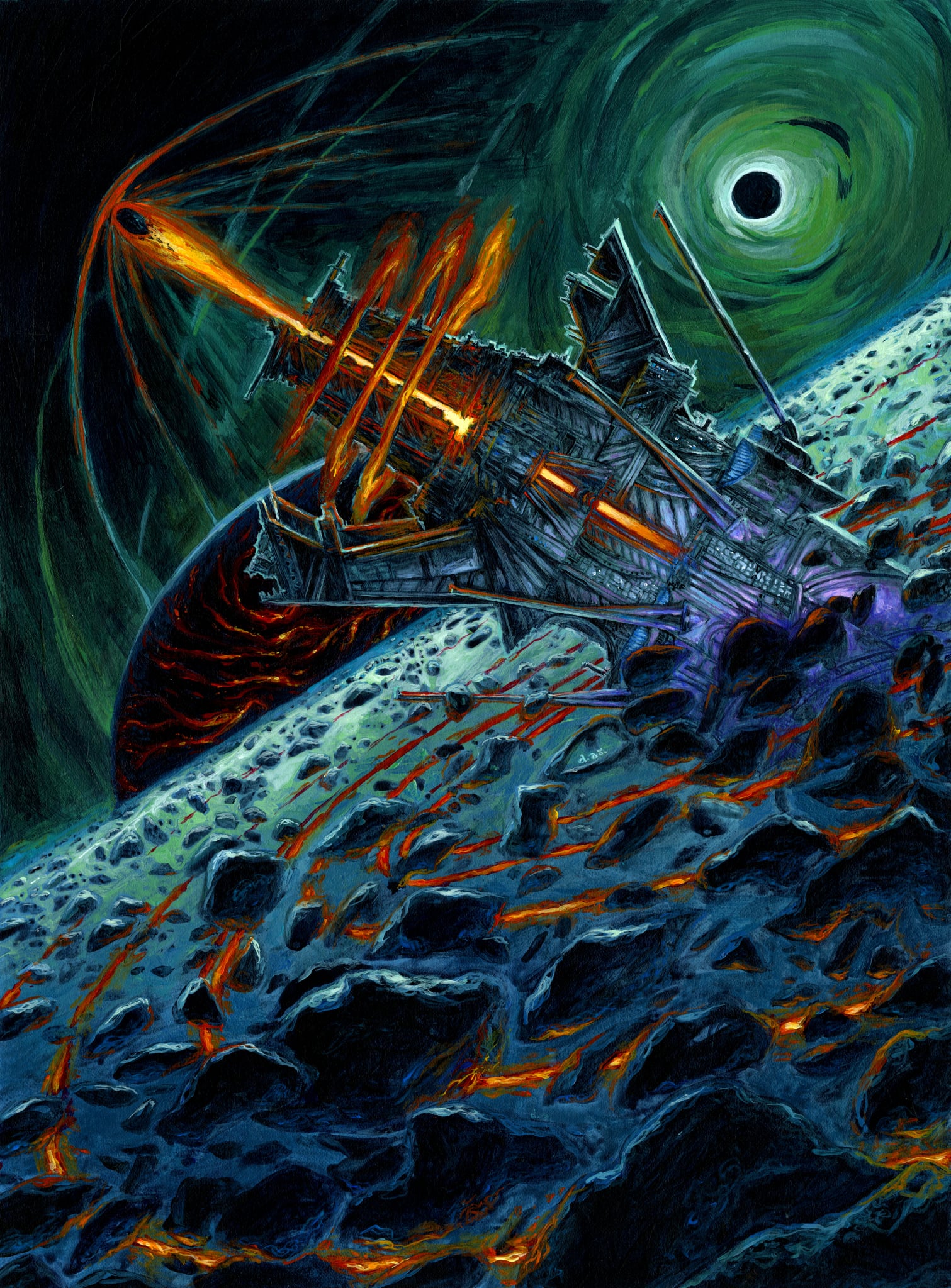 A dark, jagged space ship breaches out of a asteroid belt, with a projectile firing out of the end like a cannon. In the distance, two planets hover in space.